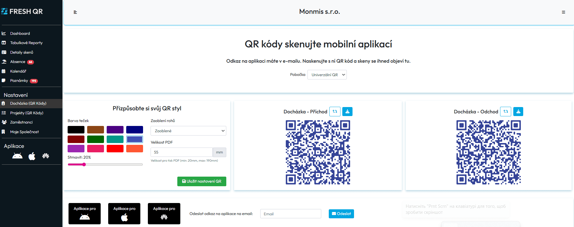 Fresh QR vygenerované QR kódy pro příchod a odchod